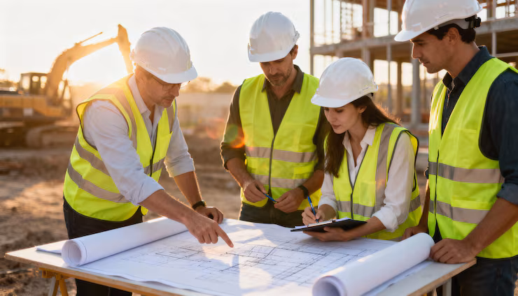 Construction team moving coordinated work forward on site